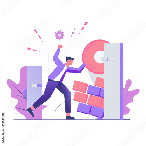 Young adult male in business attire pushing against a barrier, dynamic action in an office or technology setting. Male professional overcoming challenges in a modern workspace -