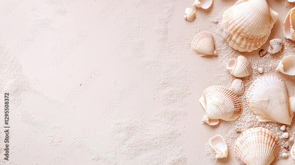 Obraz premium Seashells on Sandy Beach Background Summer Vacation Concept