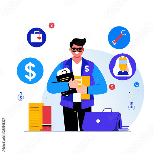 Smiling male professional holding documents in a modern office setting. A businessman stands holding important files, implying a successful workday, with office supplies and equipment around him.