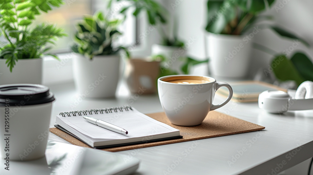 A close-up view of a white desk with an open notebook centered, a pen on the right side of the notebook, a cup of coffee in the left foreground, a white headphone in the right A close-up view of a white desk with an open notebook centered, a pen on the right side of the notebook, a cup of coffee in the left foreground, a white headphone in the right