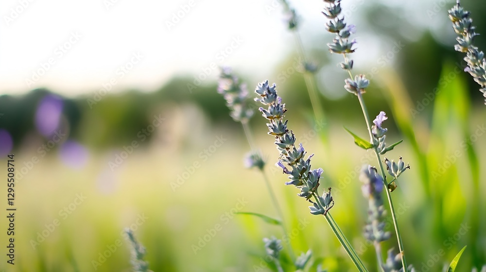 Close up view of lavender flowers swaying in the breeze on a warm sunny day : Generative AI Close up view of lavender flowers swaying in the breeze on a warm sunny day : Generative AI