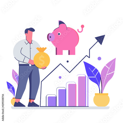 A man in a light colored shirt and pants holds a money sack, visually representing financial growth.