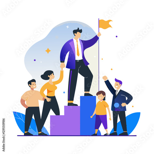 Business leaders with diverse colleagues ascending a metaphorical career ladder. Team effort propelling a successful executive toward achievement in a modern office setting.