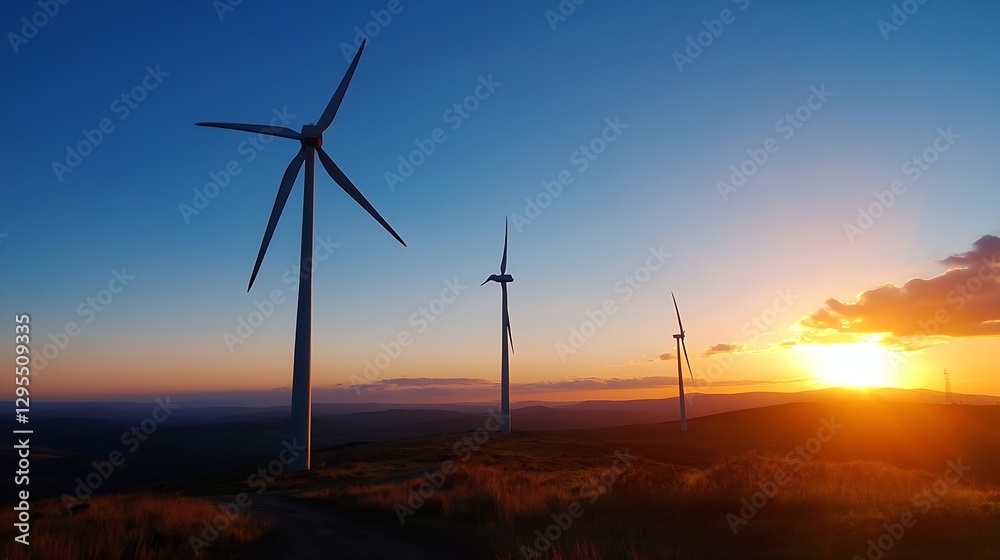 Wind Turbines Silhouetted Against a Vibrant Sunset Sky Over Rolling Hills : Generative AI Wind Turbines Silhouetted Against a Vibrant Sunset Sky Over Rolling Hills : Generative AI