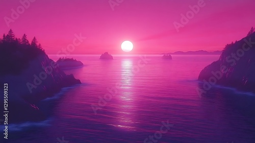 A beautiful sunset illuminates the water and surrounding landscapes at sea photo