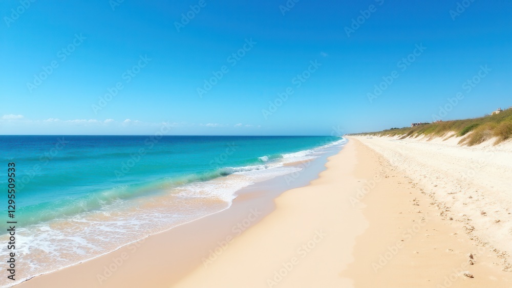 Sant Pere Beach features a pristine sandy shoreline with clear turquoise waters under a bright blue sky.