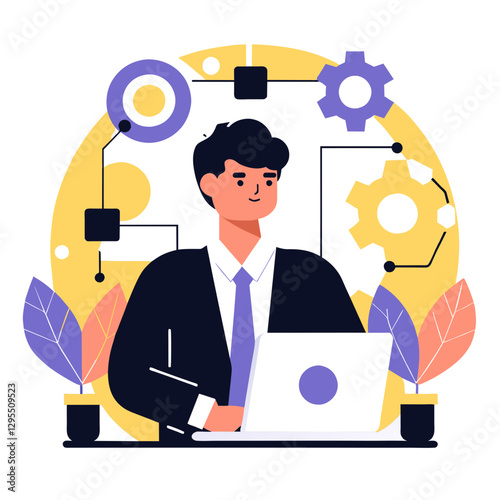 Young male professional in business attire working on a laptop in a modern office setting. Smiling, focused, and looking ahead, he is using technology and engaging in digital work.