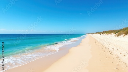 Sant Pere Beach features a pristine sandy shoreline with clear turquoise waters under a bright blue sky.