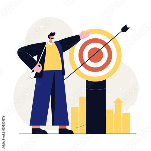 Adult male in business attire aiming for a target with financial growth in the background. Focused and determined professional in a modern office setting. Achieving business goals.