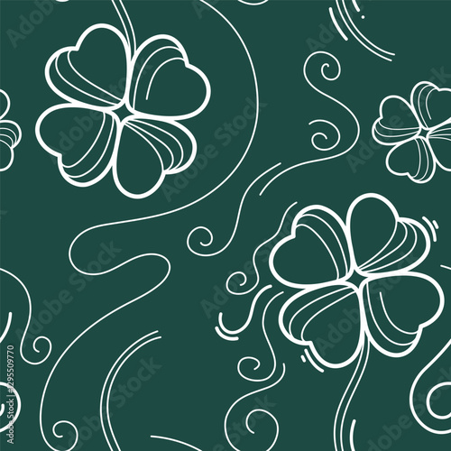 Many vector big linear four leaf clovers seamless pattern. Vintage St. Patrick's day background. Contour hand drawn floral print. Cute spring plant texture. Outline art. Elegant flowing shapes drawing