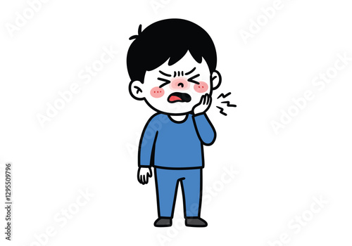 Toothache clipart. A person in blue clothing is holding the right side of the face, indicating a toothache with pain lines. Vector illustration design.