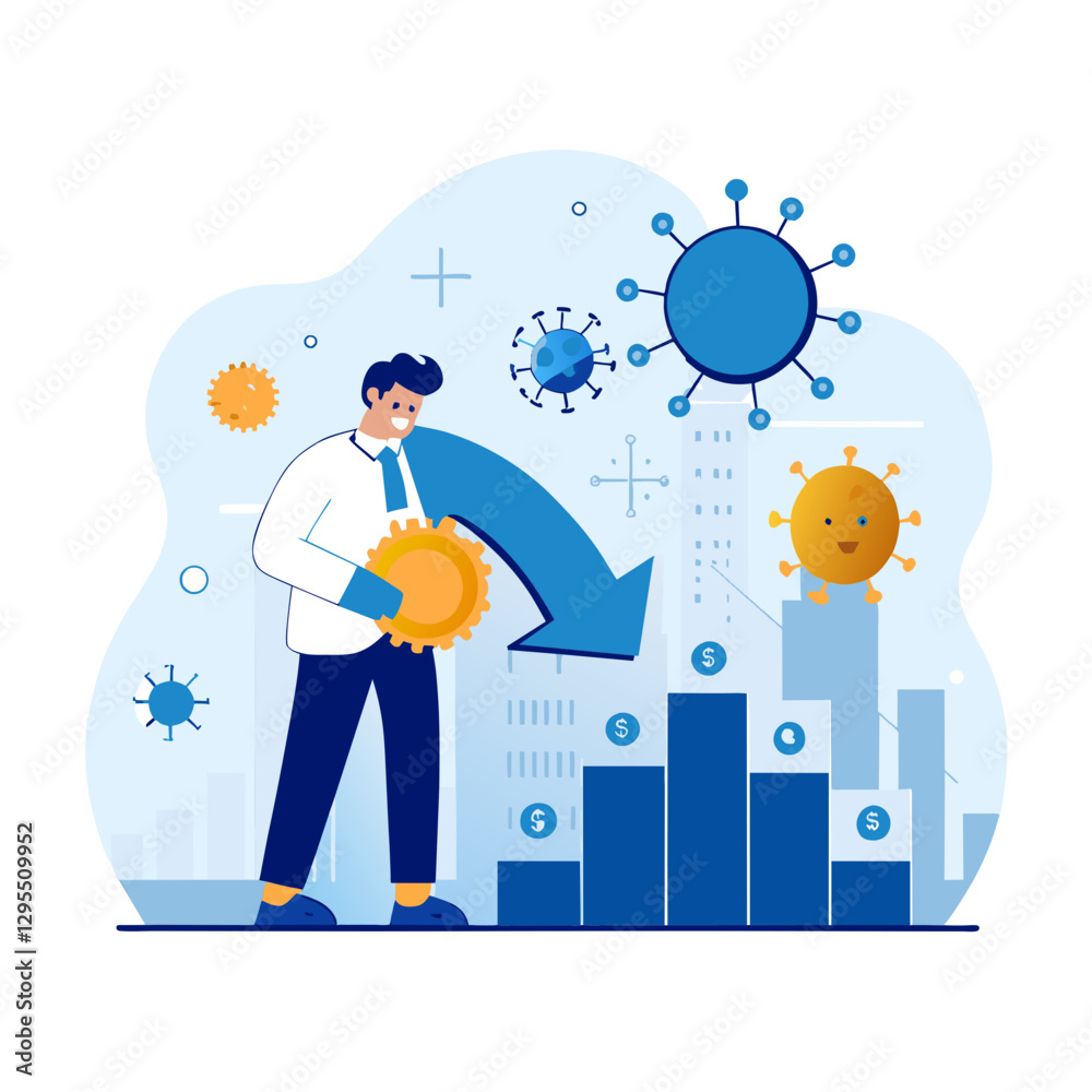 Businessman in a white shirt and tie attempting to halt falling economy in a cityscape amid virus outbreak. Businessman in a white shirt and tie attempting to halt falling economy in a cityscape amid virus outbreak.