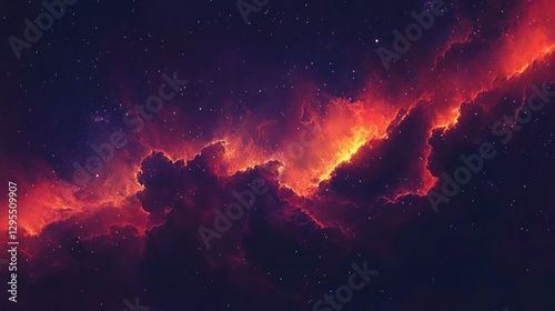 Fiery Nebula Cosmic Clouds Across Starry Night Sky