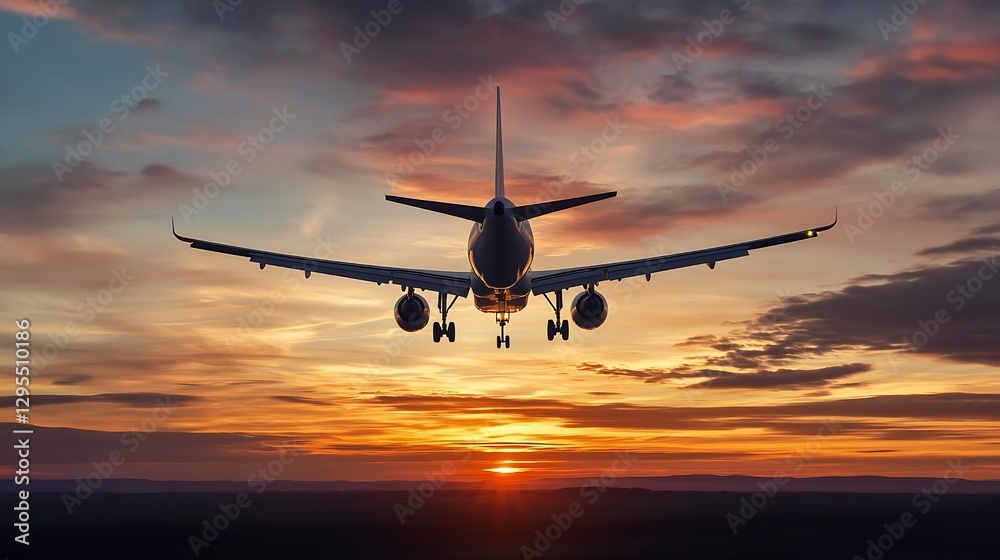 Airplane silhouette flying through a dynamic colorful sunset sky creating a stunning travel scene : Generative AI Airplane silhouette flying through a dynamic colorful sunset sky creating a stunning travel scene : Generative AI