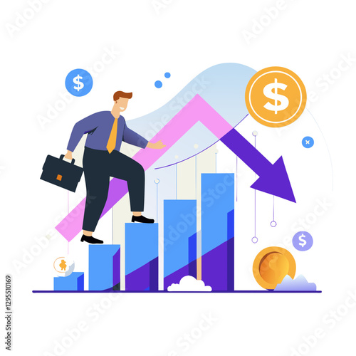 Businessman ascending a stairway of financial graphs amidst declining figures.