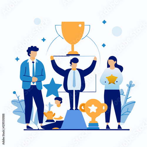 Business team celebrating victory on podium with trophies. Three diverse business professionals in formal attire, triumphant pose in an award ceremony setting.