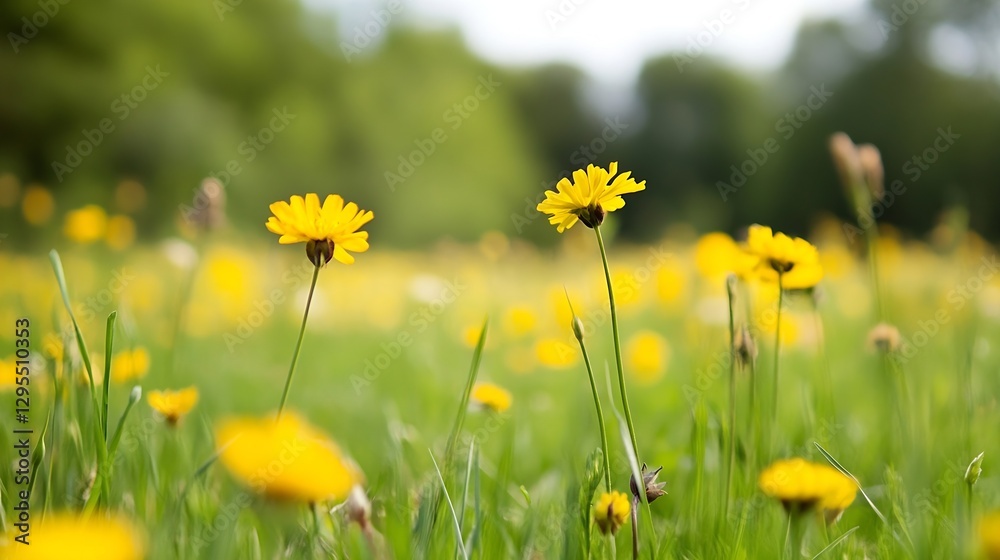 Fototapeta premium Vibrant field of yellow wildflowers blooming in lush green grass under clear sunny sky bringing joy and beauty : Generative AI