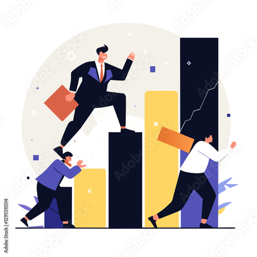 Businessmen and businesswomen ascending a graph in a teamwork illustration. Successful business individuals helping one another grow in a modern office environment.