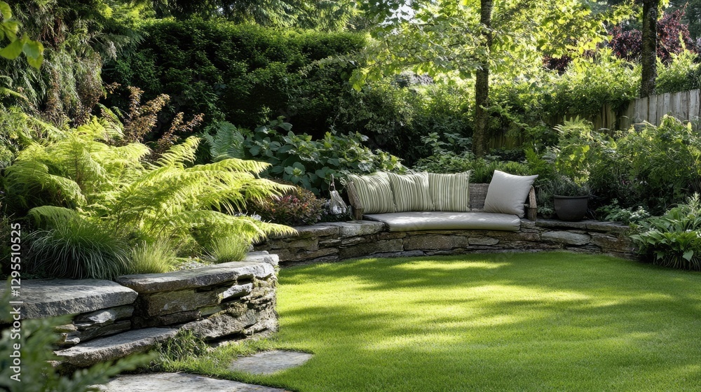 Naklejka premium A peaceful backyard space with a sitting area surrounded by layered greenery.