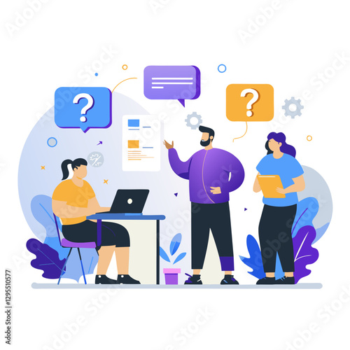 Team presenting a project in a modern office setting. Female and male colleagues in casual wear engaged in a collaborative discussion in a bright workspace.