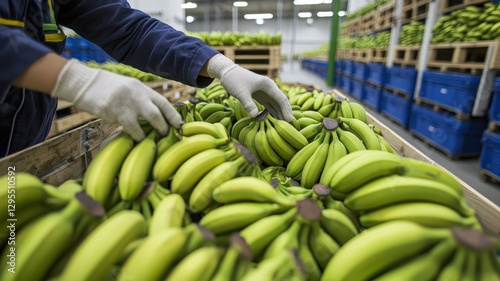 A worker carefully handles green bananas in a storage facility, showcasing the agricultural process of sorting and preparing fruits for distribution.