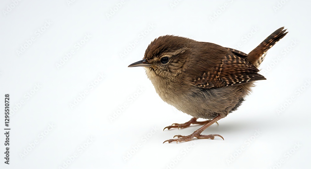 A tiny wren perched delicately on an invisible branch, isolated against a white background