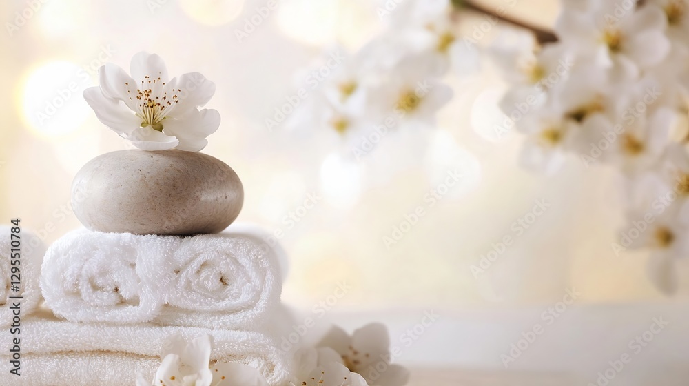 Obraz premium Relaxing Spa Setting with White Towels Stones and Cherry Blossom for Serenity and Wellness : Generative AI