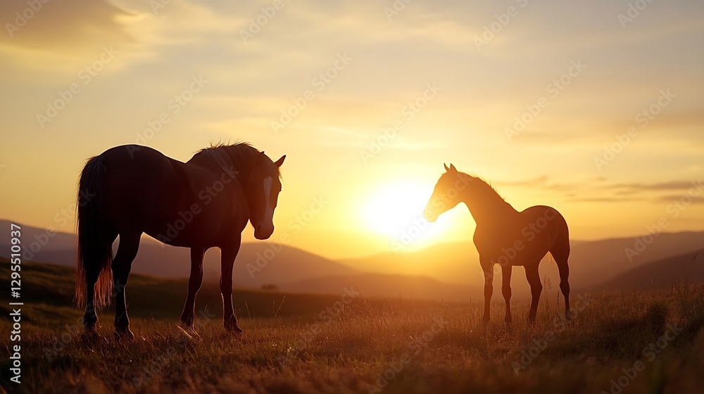 Silhouette of two horses at sunset with golden background creating a tranquil atmosphere : Generative AI