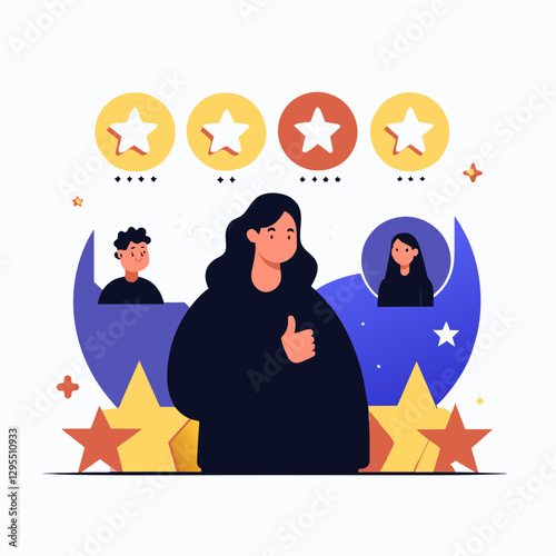 Woman giving a thumbs up, surrounded by positive customer reviews in a modern setting. Positive customer feedback with a satisfied customer in a flat design illustration.