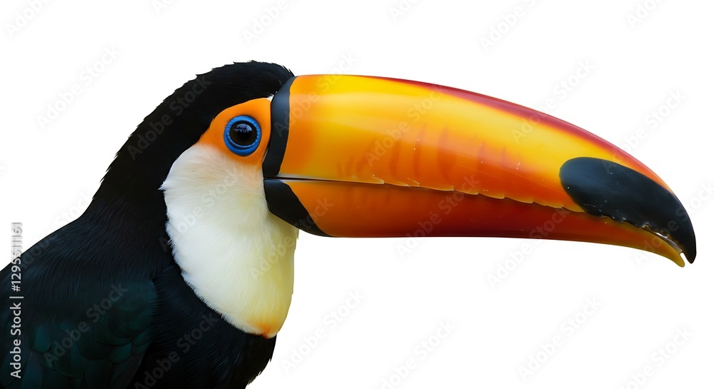 Naklejka premium A striking toucan with a massive colorful beak, its details highlighted against a white background.