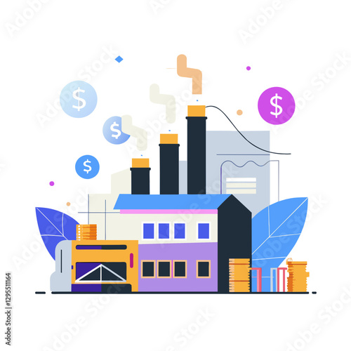 Industrial facility with financial symbols in a flat design style. Modern factory with stacks of money, showcasing profit and production in a simple, vibrant illustration.