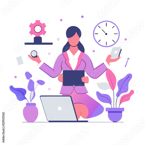 Female professional in business attire multitasking at a modern workspace. Balancing numerous tasks with multiple devices, plants, and a clock in the background.