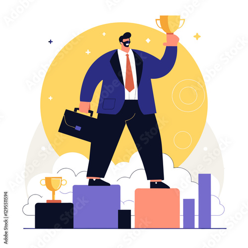 Adult male business professional in a suit and tie, holding a trophy, standing on a set of tiered podiums with bar graphs in the background.