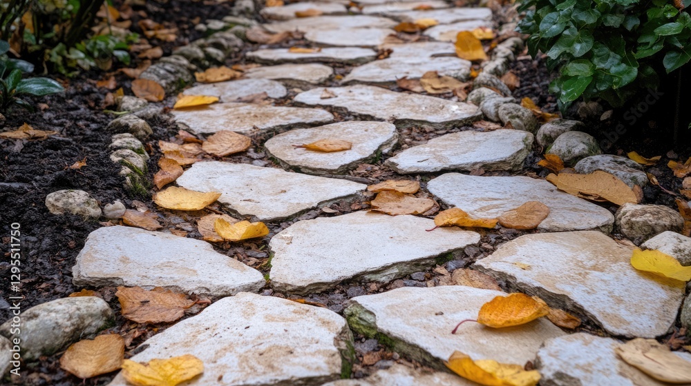 A picturesque garden walkway with colorful autumn leaves. A picturesque garden walkway with colorful autumn leaves.
