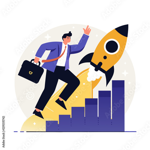 Businessman propelled by rocket on career growth stairs in modern office setting. Male professional ascending success ladder with rocket boost in corporate backdrop.