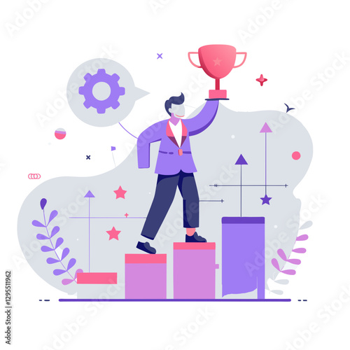 A young professional in a purple blazer ascends a tiered platform, holding a trophy aloft, symbolizing career advancement and success in a modern workplace environment.