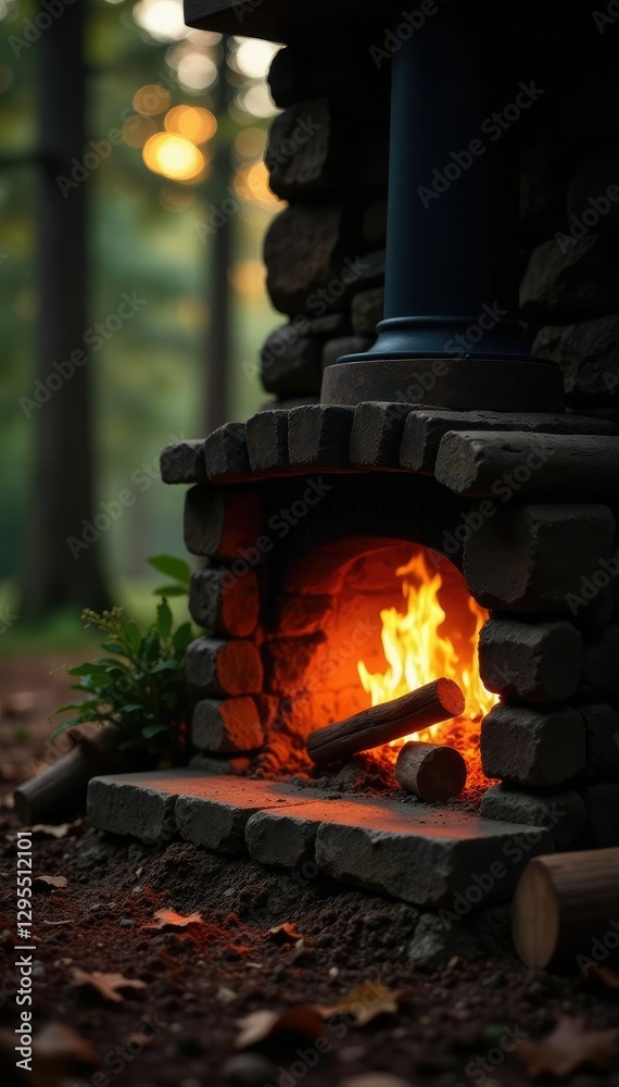 Obraz premium Cozy fireplace with a warm and inviting glow in the woods, wood, inviting, natural