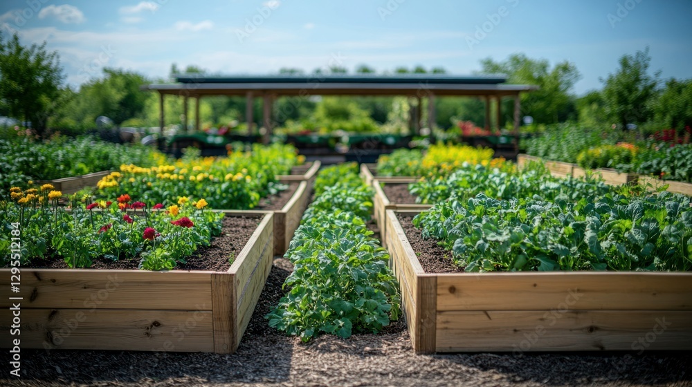 Raised garden beds, vibrant flowers, and vegetables Raised garden beds, vibrant flowers, and vegetables
