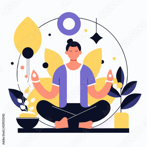 A young man in casual clothing sits in a meditative lotus position, surrounded by abstract floral elements and a calming aesthetic.