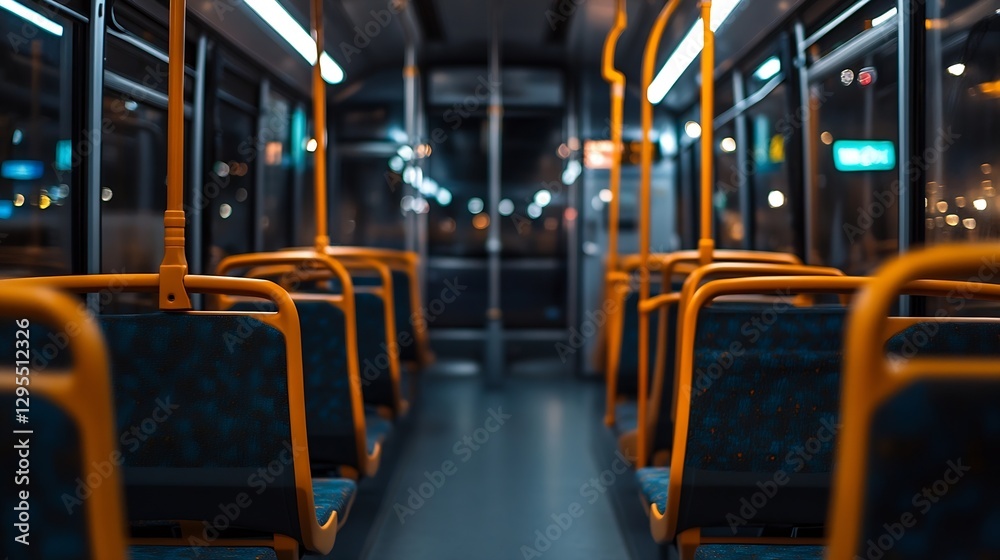 Fototapeta premium Empty bus interior showcasing vibrant orange seats and serene nighttime ambiance : Generative AI