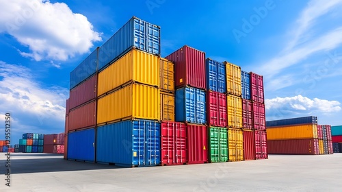 Colorful stack of shipping containers against a bright blue sky creating a modern industrial scene : Generative AI