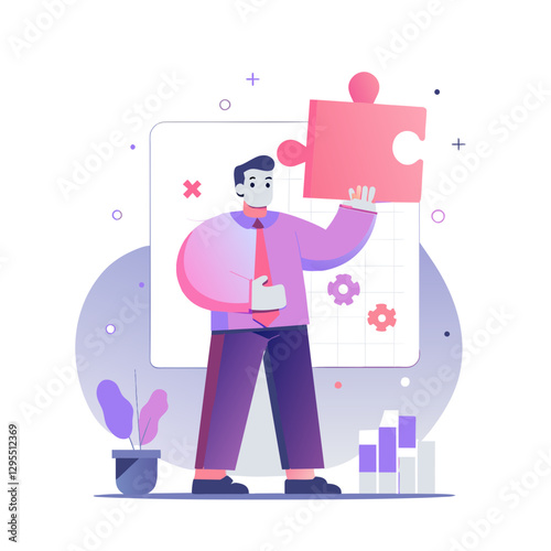 Mid-adult male (purple shirt, red tie) holds large puzzle piece before a project planning whiteboard, representing strategy/problem-solving.