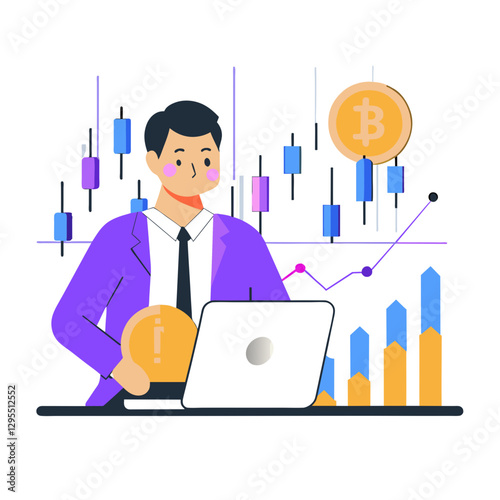 Young man in a purple suit and tie, analyzing financial data at a computer in a modern office. Focused and attentive investor reviewing cryptocurrency market trends.