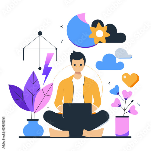 Young man in casual wear sitting on the floor, working on a laptop in a vibrant, abstract setting. Creative professional working remotely from home. flat design illustration.