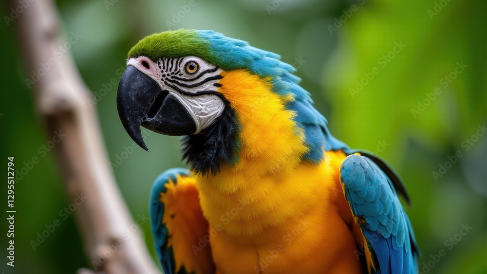 A severe macaw with vibrant blue, yellow, and green feathers perched on a branch. A severe macaw with vibrant blue, yellow, and green feathers perched on a branch.
