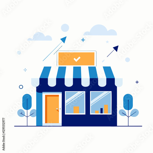 Simple storefront with awning, showcasing growth. Flat design retail shop front with upward arrows and check mark on sign, indicating success in a city setting.