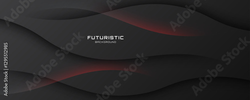 3D black waves abstract background overlap layer on dark space with red light effect decoration. Modern graphic design element cutout style concept for web banner, art, flyer, card, or brochure cover