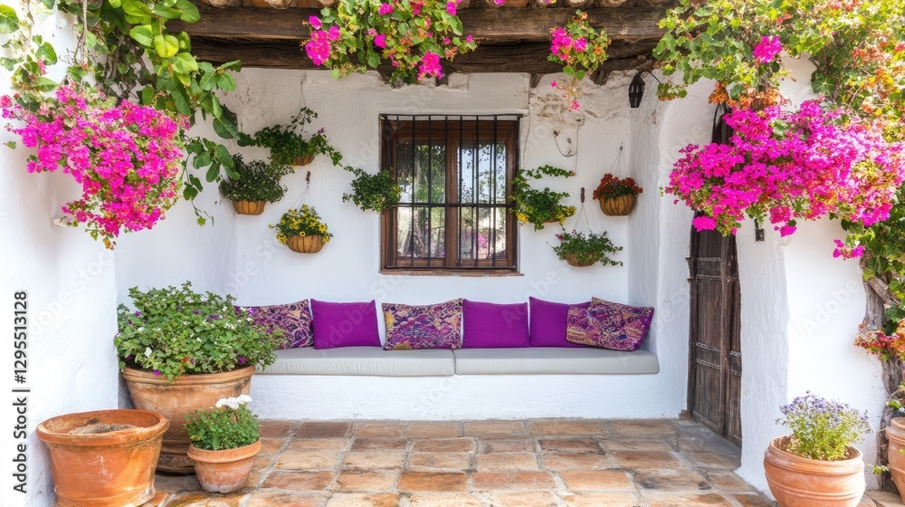 Naklejka premium A relaxing outdoor sitting area surrounded by potted plants.