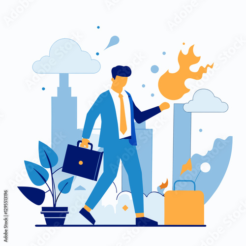 A male professional in a light-blue business suit and tie, carrying a briefcase, walks forward, holding a stylized orange flame aloft, against a backdrop of stylized city buildings and clouds.