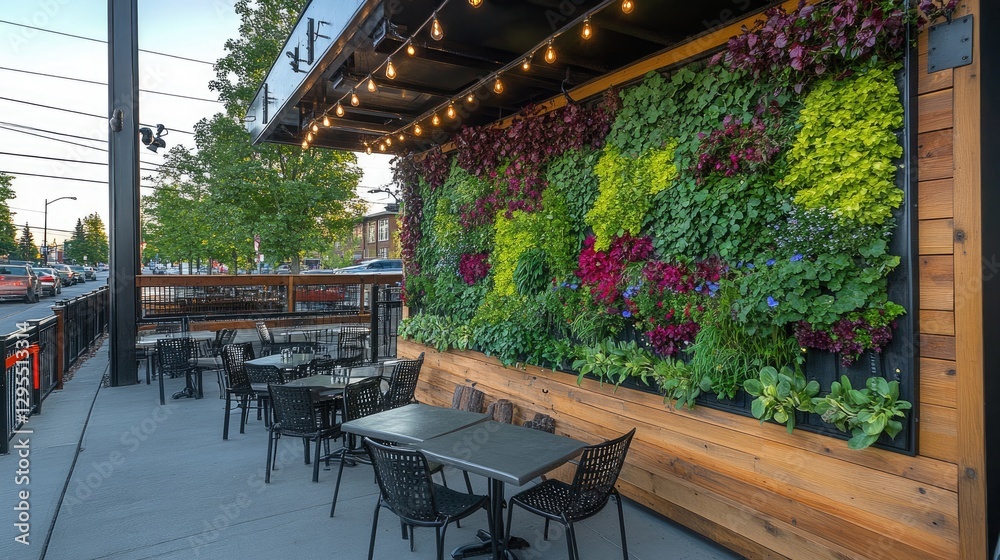 Fototapeta premium A restaurant patio enhanced by a natural green wall.